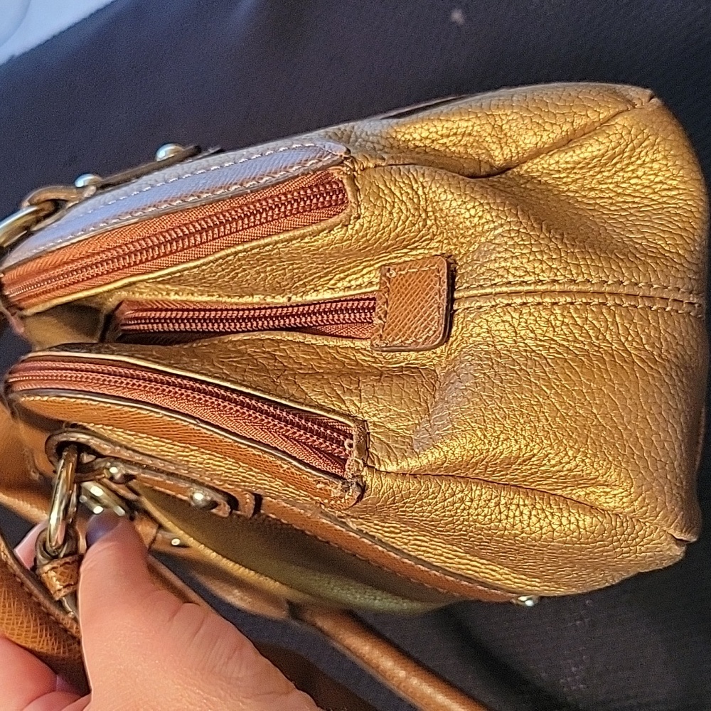 Tignanello leather satchel in brown. bronze & gold. - Picture 3 of 11